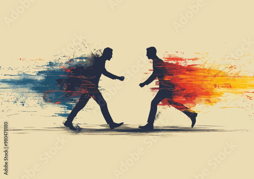 Dynamic Business Competition Concept Illustration with Two People Racing in Abstract Style, Daytime, High Energy and Competitive Mood