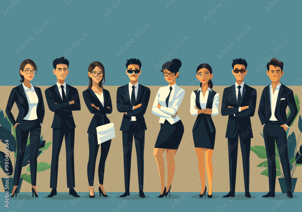 Obraz premium Diverse Business Team Standing Confidently in Professional Attire, Minimalistic Vector Illustration for Corporate and Office Themes