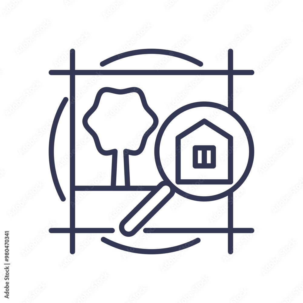 Magnifying glass focusing on a house and tree, symbolizing detailed analysis and focus. Magnifying glass focusing on a house and tree, symbolizing detailed analysis and focus.