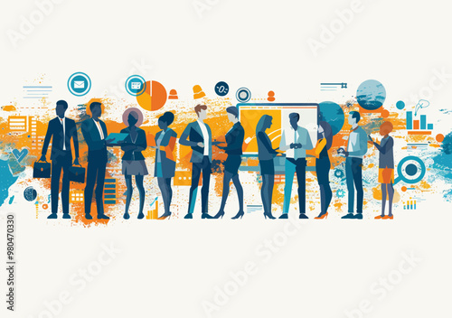 Large Business Team Engaged in Digital Work, Vector Illustration Depicting Teamwork and Collaboration, Minimalistic Design with Office Setting, Daytime, People Networking and Analyzing Data