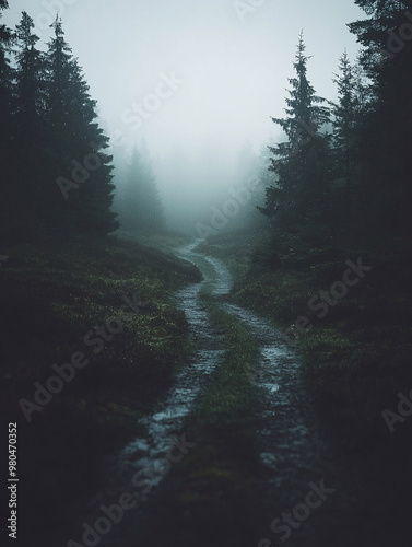 Mystic forest at night with dark blue atmosphere and fog