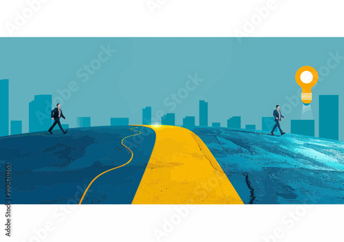 Businessmen Competing on Yellow Path to Reach Lightbulb Goal in City Landscape, Concept of Success and Innovation