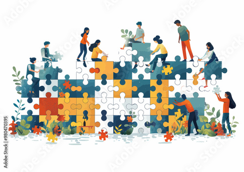 Teamwork in Action: People Collaborating to Solve Giant Puzzle Pieces, Minimalistic Vector Illustration of Problem Solving and Unity in Daytime Setting