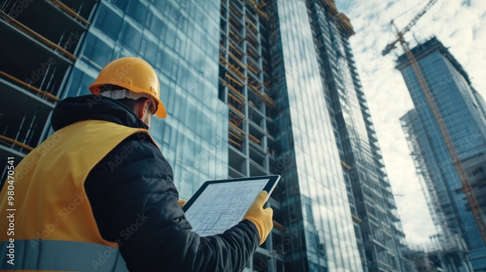 A focused construction worker reviewing blueprints on a tablet, with a large, glass-fronted building under construction behind them Close-up photo with clean background