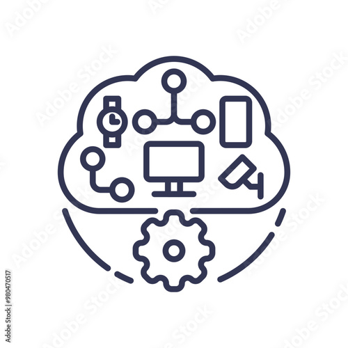 Illustration of IoT integration with connected devices like smartwatch, smartphone, computer, and security camera within a cloud and gear symbol.