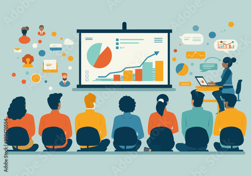 Business Team Learning from Instructor with Presentation, Growth Chart, and Statistical Analysis, Minimalistic Educational Vector Illustration, Training Session, Office Environment