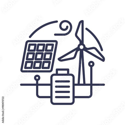 Illustration of renewable energy storage with solar panel, wind turbine, and battery.