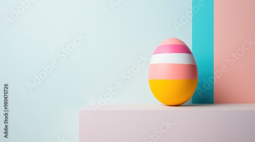 A minimalist composition of a single, perfectly symmetrical Easter egg, painted in a bold, geometric pattern, set against a clean white background.