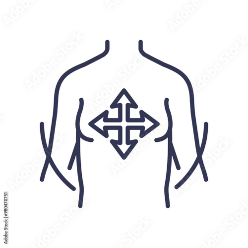 Outline of a human torso with arrows pointing outward from the center, symbolizing spread or expansion.