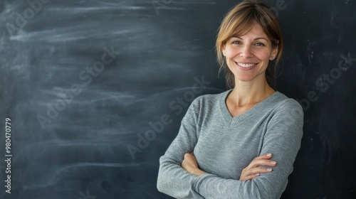 A friendly teacher standing in front of a chalkboard, arms crossed, smiling confidently Close-up photo with clean background