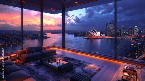 Depict a chic high-rise apartment offering expansive vistas of City harbor, and sparkling city lights shimmering against