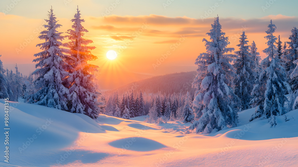 custom made wallpaper toronto digitalSnowy landscape at sunset, frozen pine trees covered with snow in winter in Saariselka, Lapland, Finland. Christmas and holidays background