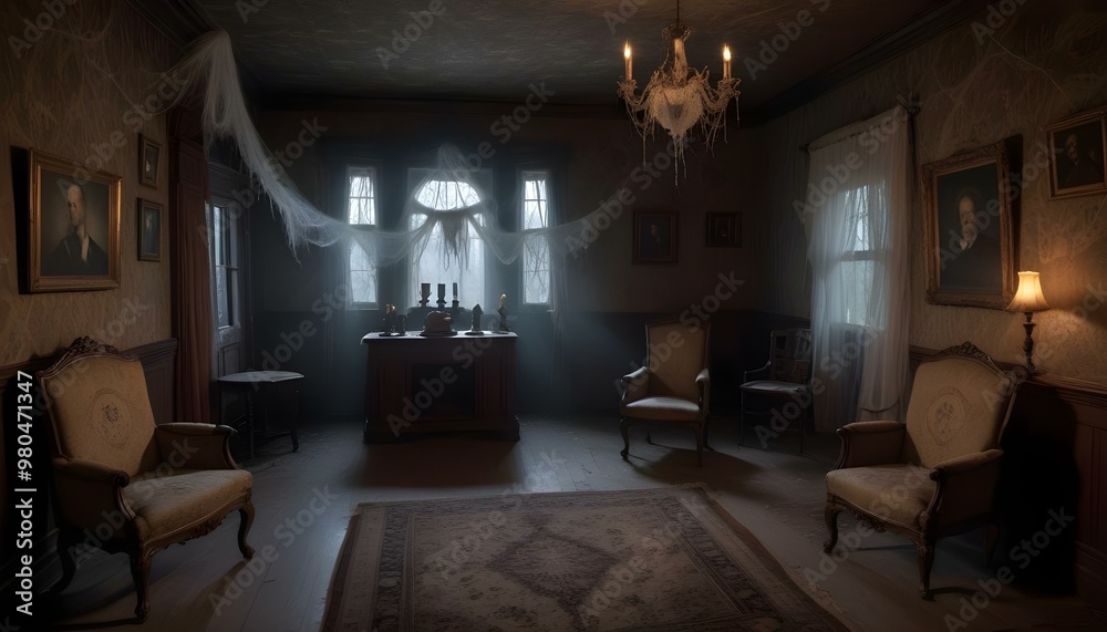 Fototapeta premium The interior of a haunted house at dusk, featuring cobwebs draping from the corners and eerie shadows creating a chilling atmosphere
