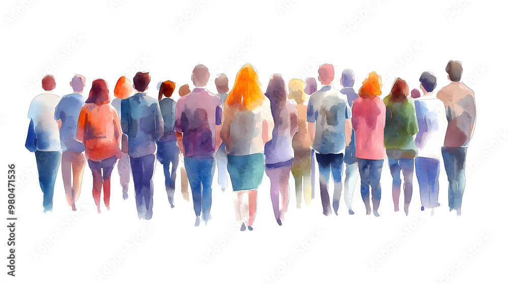 Back view of a group of people in watercolor style, isolated on a clean white backdrop Back view of a group of people in watercolor style, isolated on a clean white backdrop