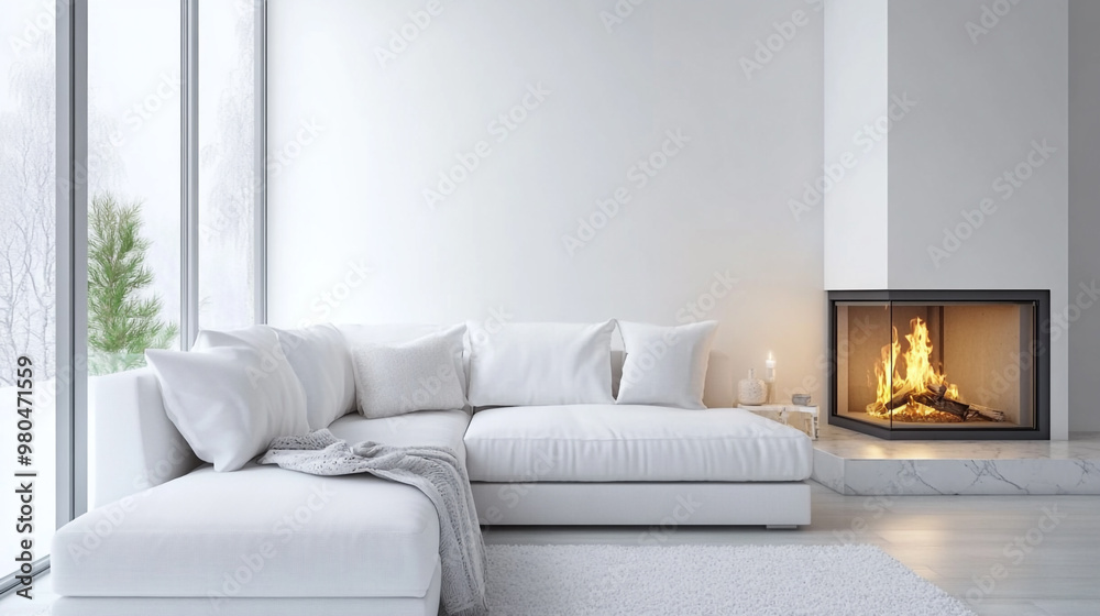 Fototapeta premium a beautiful house in which the fireplace in the living room gets a lot of attention, Beautiful living room in new traditional style luxury home.