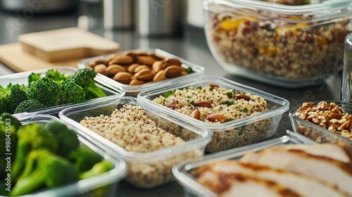 A healthy meal prep scene with various containers filled with grilled chicken, quinoa, steamed broccoli, and mixed nuts on a kitchen counter photo