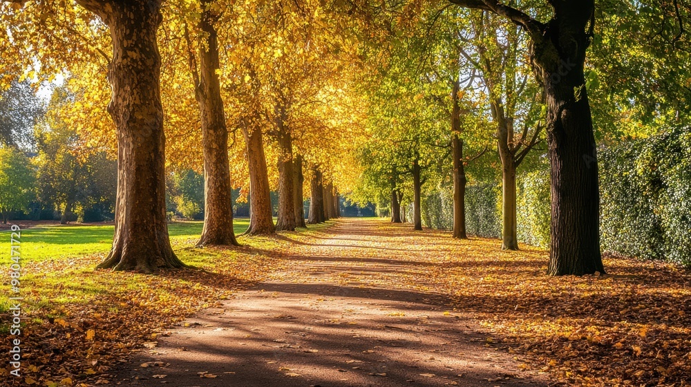 Naklejka premium Colorful autumn Park with pathway,red and yellow maple trees and blue sky,Autumn forest path,Lawn in autumn city park in Sunny day,Trees with yellow leaves in park,Natural Wallpaper.