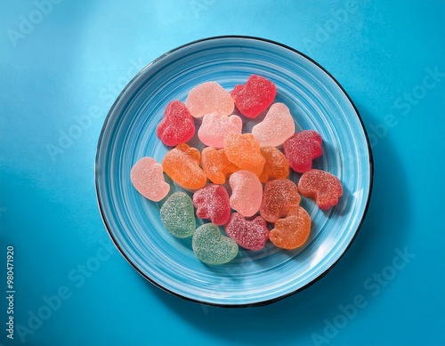 Various gummy candies on a blue plate, postmodern mashup style, vibrant colors, playful vibe. photo