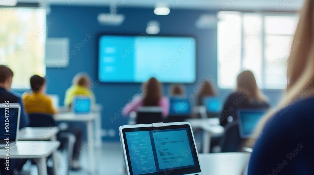 Fototapeta premium A modern classroom with students using laptops and tablets for learning, digital whiteboards displaying interactive content,