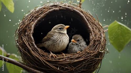 two birds take shelter in their nest when it rains heavily photo