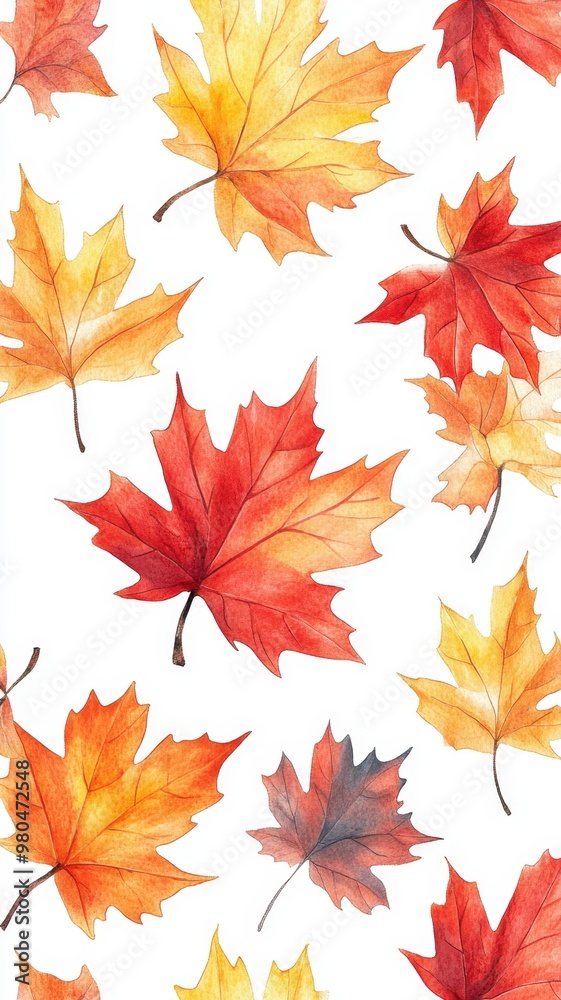 Watercolor collection of autumn maple leaves and red,yellow,Hand drawn nature design elements isolated on white background,Hand paint,Perfect for creating cards, design,copy space.
