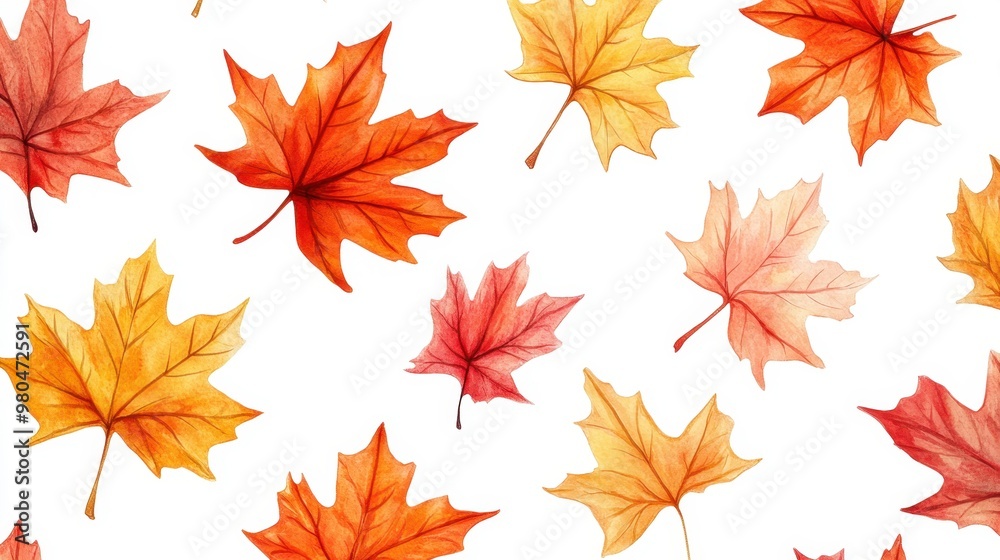 Watercolor collection of autumn maple leaves and red,yellow,Hand drawn nature design elements isolated on white background,Hand paint,Perfect for creating cards, design,copy space. Watercolor collection of autumn maple leaves and red,yellow,Hand drawn nature design elements isolated on white background,Hand paint,Perfect for creating cards, design,copy space.