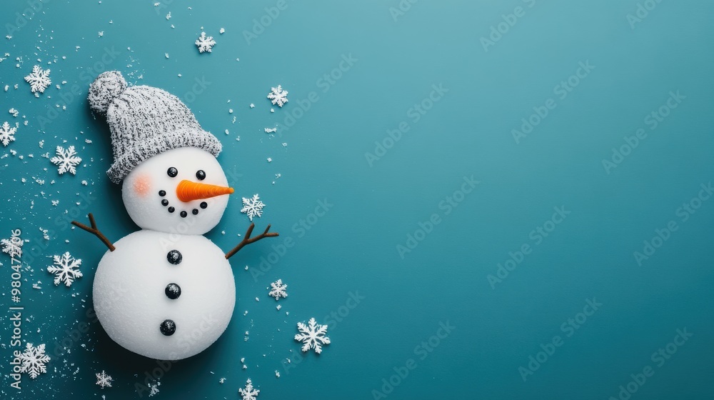 A festive snowman with a carrot nose and a hat, with snowflakes falling around him. A festive snowman with a carrot nose and a hat, with snowflakes falling around him.