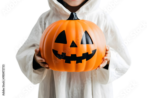 A little kid wearing a Halloween outfit, excited for the night’s festivities. Child dressed up in a playful Halloween costume, ready for trick-or-treating. photo