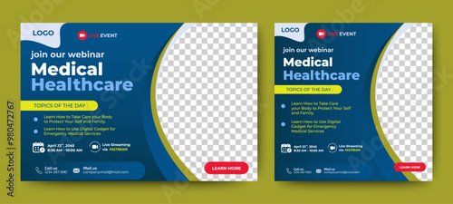 Medical Health Conference live webinar banner invitation and social media post template. Healthcare webinar invitation design.	