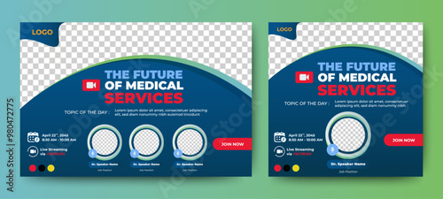 Medical Health Conference live webinar banner invitation and social media post template. Healthcare webinar invitation design.	