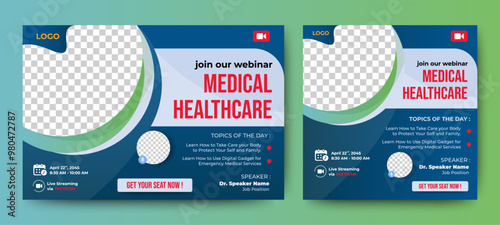 Medical Health Conference live webinar banner invitation and social media post template. Healthcare webinar invitation design.	