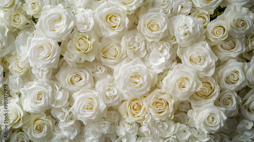 White rose floral backdrop for weddings, featuring a wall of white roses