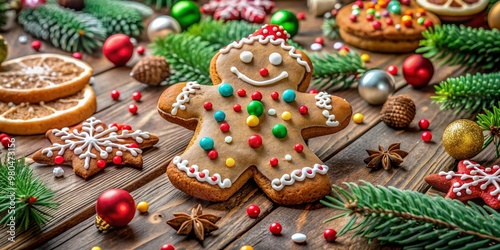 Festive holiday atmosphere: assortment of colorful sweets, icing, and sprinkles surround a half-decorated gingerbread cookie on a worn wooden table amidst a cozy winter setting.