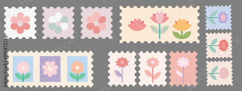 Set of cute hand-drawn post stamps with natural plant elements, attributes like Houseplants, bottled flowers, butterflies, moth. Urban Cozy home. Trendy modern vector illustartions in Cartoon style.