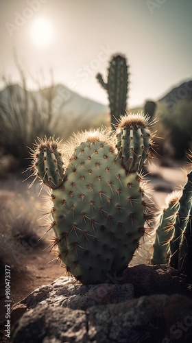 Cactus in the desert at sunset. Saguaro National Park, Arizona, USA photo