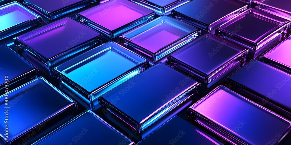 3D render, an abstract geometric cubs background with neon blue and purple lights shining on the wall blocks 3D render, an abstract geometric cubs background with neon blue and purple lights shining on the wall blocks