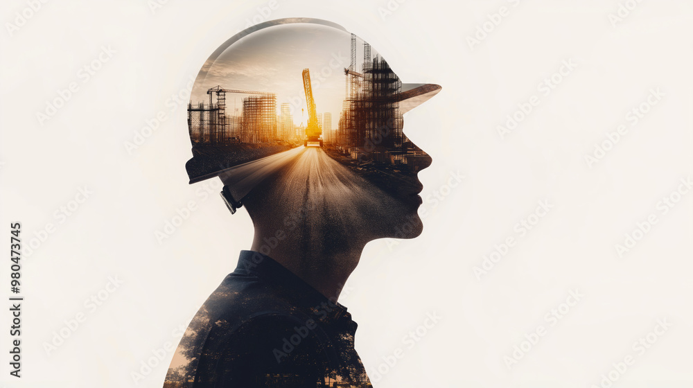 Construction worker double exposure. Building engineer or architect banner Construction worker double exposure. Building engineer or architect banner