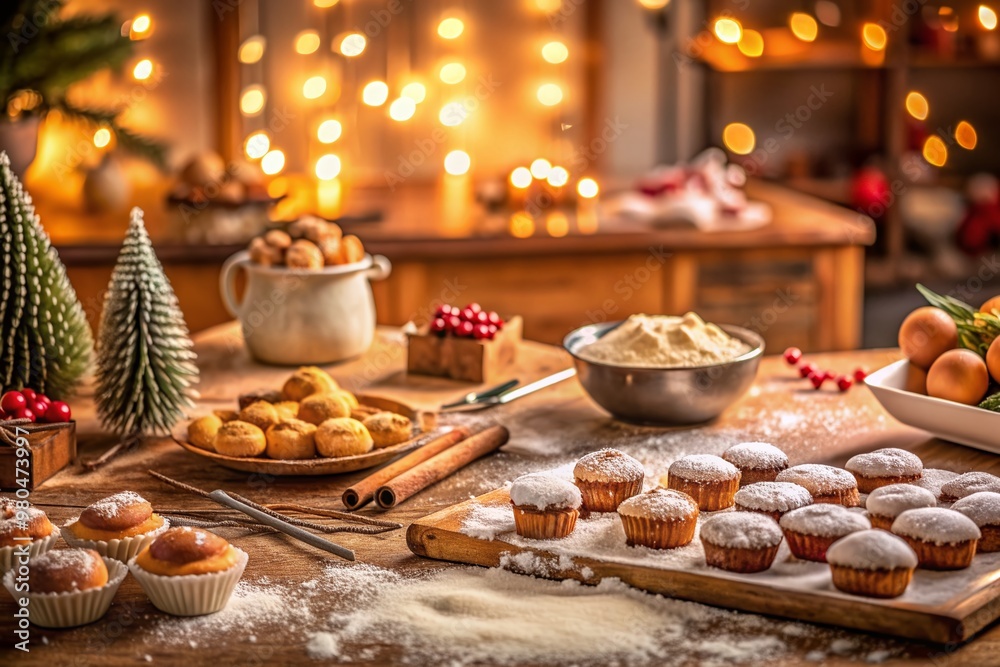 Warmly lit festive holiday scene featuring a workstation covered with flour-dusted utensils and trays of freshly baked sweet treats amidst a blurred background. Warmly lit festive holiday scene featuring a workstation covered with flour-dusted utensils and trays of freshly baked sweet treats amidst a blurred background.