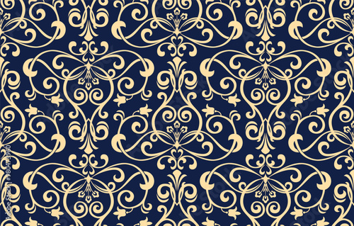 Floral pattern. Vintage wallpaper in the Baroque style. Seamless vector background. Golden and dark blue ornament for fabric, wallpaper, packaging. Ornate Damask flower ornament