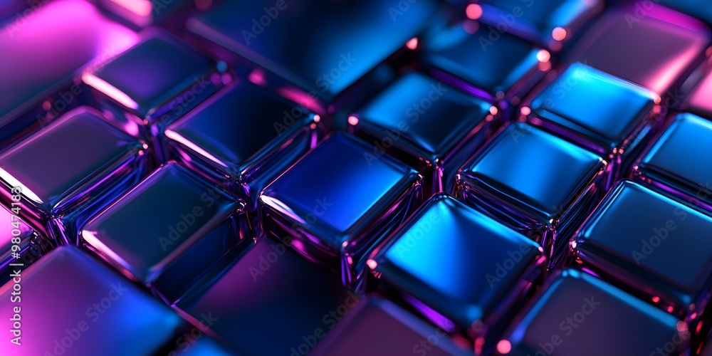 3D render, an abstract geometric cubs background with neon blue and purple lights shining on the wall blocks