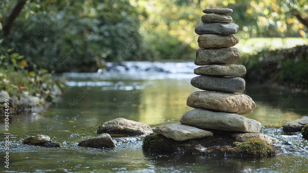 Zen stone tower balanced by a tranquil river, - ai Zen stone tower balanced by a tranquil river, - ai