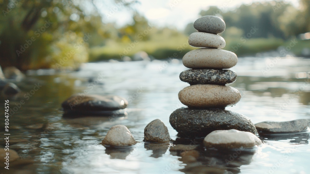 Zen stone tower balanced by a tranquil river, - ai Zen stone tower balanced by a tranquil river, - ai