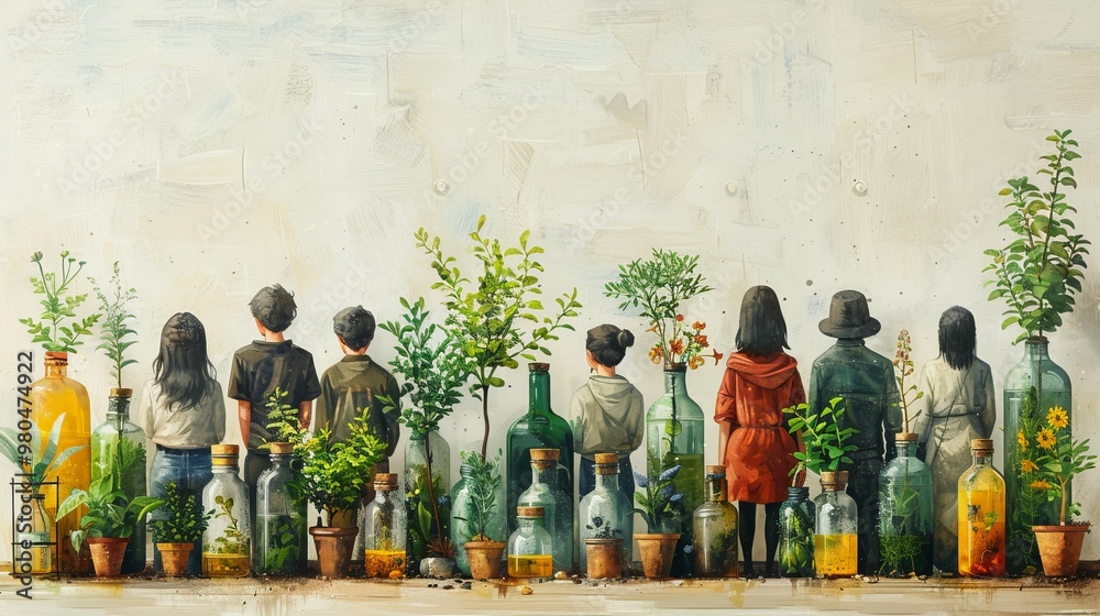 Naklejka premium Illustrations of people practicing mindful consumption by buying secondhand goods, upcycling materials, and supporting circular economy initiatives to reduce waste