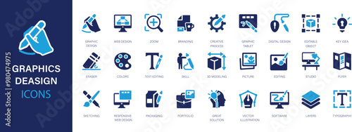Graphic design flat icons set. Design, creativity, draw, stationary, illustration, portfolio, software, website icons and more signs. Flat icon collection.