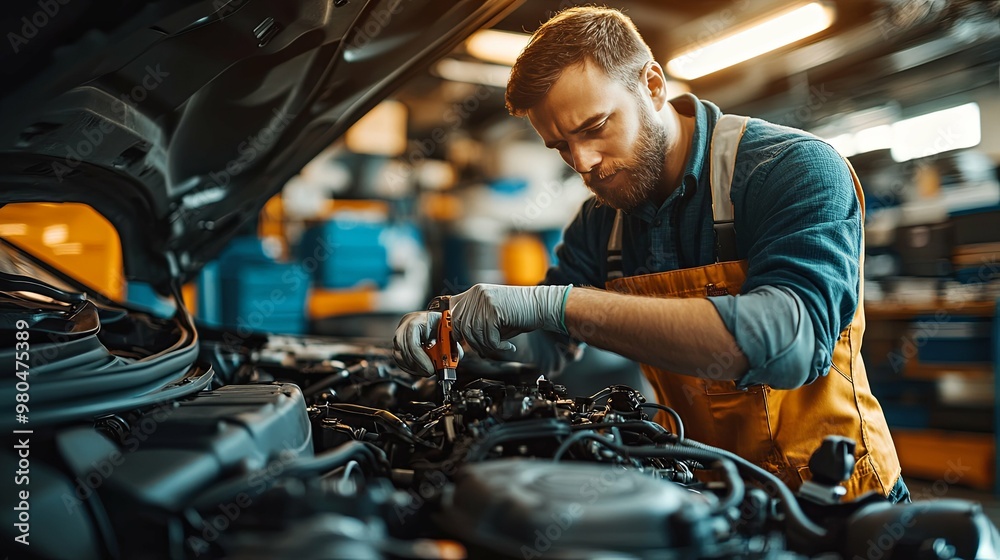 Mechanic Working on a Car Engine in a Garage Mechanic Working on a Car Engine in a Garage
