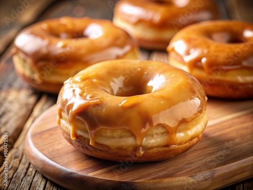 Deliciously golden-brown doughnut smothered in a sweet and sticky maple glaze, glistening with perfection under the soft diffused light, tempting the senses with every bite. photo