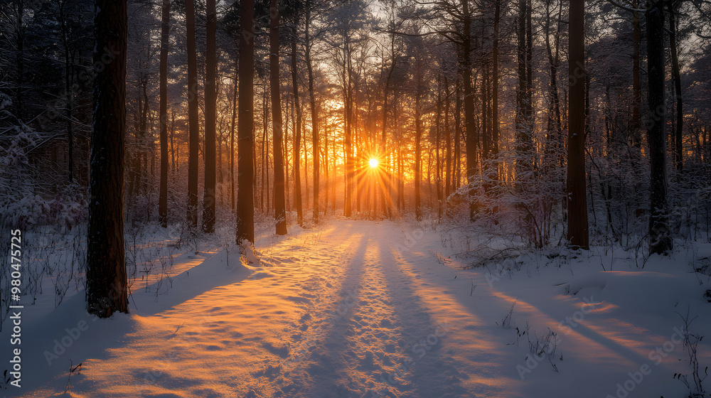 Sunset in the wood in winter period Sunset in the wood in winter period