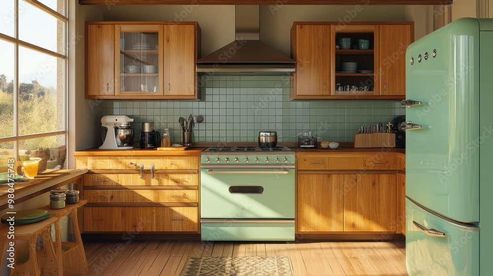 Fototapeta premium Vintage Avocado Green Kitchen with Wooden Cabinets for Retro Home Decor Vibes