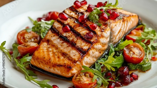 Grilled Salmon with Pomegranate and Cherry Tomatoes: Nutritious, Healthy Arab Cuisine in Saudi Restaurants and Kitchens