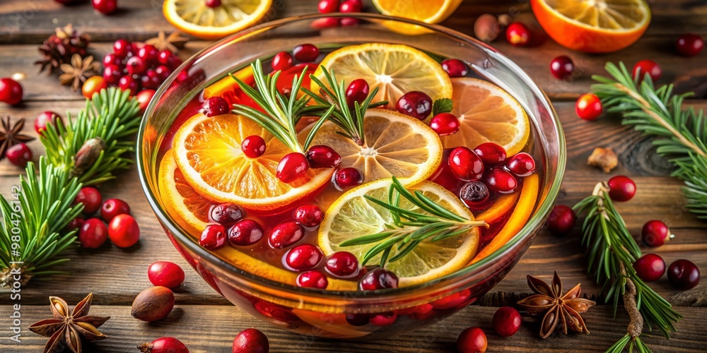 Vibrant holiday punch bowl adorned with slices of citrus, fresh cranberries, and fragrant rosemary, set against a rustic wooden table backdrop, evoking festive cheer. Vibrant holiday punch bowl adorned with slices of citrus, fresh cranberries, and fragrant rosemary, set against a rustic wooden table backdrop, evoking festive cheer.